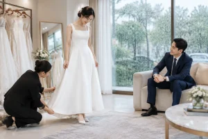 Cô dâu Việt Nam đang thử chiếc váy cưới dáng chữ A gọn nhẹ, dài ngang mắt cá chân tại tiệm váy cưới, trong khi chú rể mặc bộ vest màu xanh navy lịch lãm ngồi chờ, bên ngoài cửa sổ