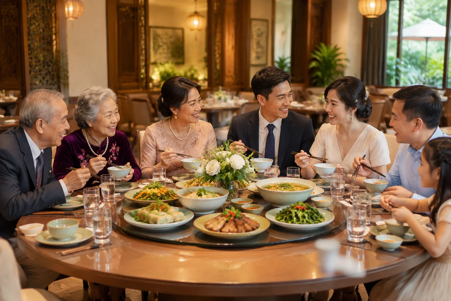 Gia đình đa thế hệ người Việt Nam gồm người lớn tuổi và cặp đôi trẻ đang vui vẻ dùng bữa, cùng nhau nếm thử các món ăn trong buổi trải nghiệm thực đơn tiệc cưới tại không gian nhà