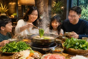 Gia đình đang quây quần vui vẻ bên nồi lẩu bốc khói nghi ngút tại không gian nhà hàng ấm cúng, người mẹ đang gắp các loại rau xanh tươi mát nhúng vào nồi nước dùng trong sự háo hức