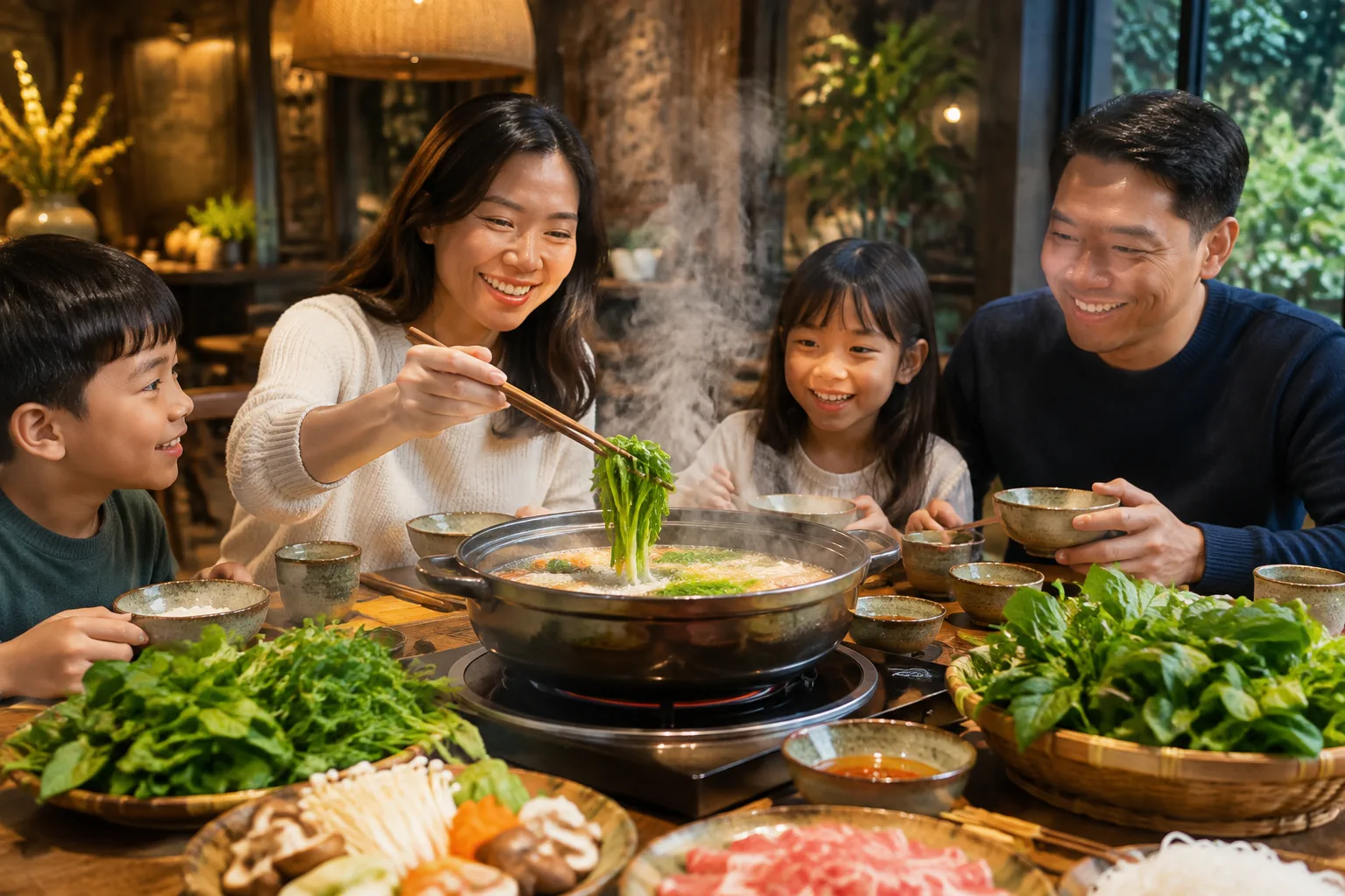 Gia đình đang quây quần vui vẻ bên nồi lẩu bốc khói nghi ngút tại không gian nhà hàng ấm cúng, người mẹ đang gắp các loại rau xanh tươi mát nhúng vào nồi nước dùng trong sự háo hức