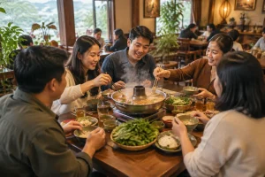 Bàn lẩu dùng chung trong nhà hàng Việt Nam với nhóm thực khách đang thưởng thức món lẩu trong không gian ấm cúng tại Gia Nghĩa, tập trung vào khoảnh khắc quây quần và trải nghiệm c