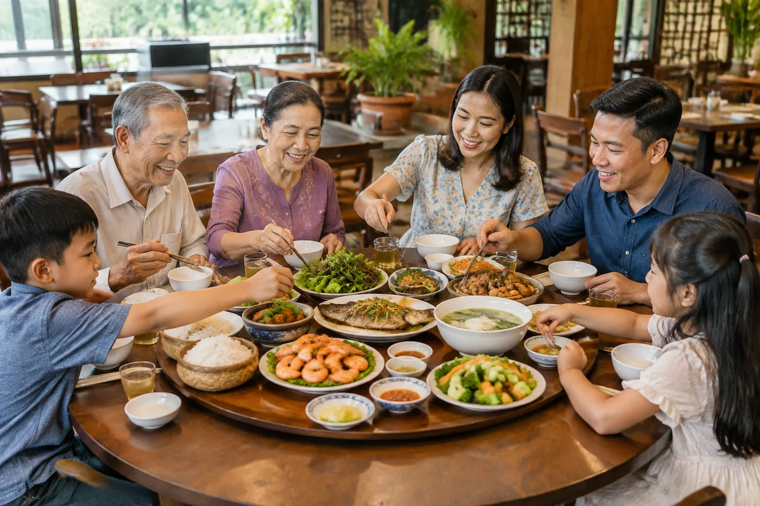 Gia đình Việt Nam nhiều thế hệ cùng chia sẻ các món ăn đã được lựa chọn hài hòa trên bàn ăn nhà hàng, thể hiện sự cân bằng giữa món chính, món phụ và khẩu vị trong buổi gặp mặt ấm