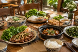Bàn ăn nhà hàng Việt Nam được sắp đặt với nhiều món ăn đa dạng trong không gian ấm cúng, tập trung vào cách trình bày thực đơn và cảm nhận trải nghiệm dùng bữa trước khi khách thưở