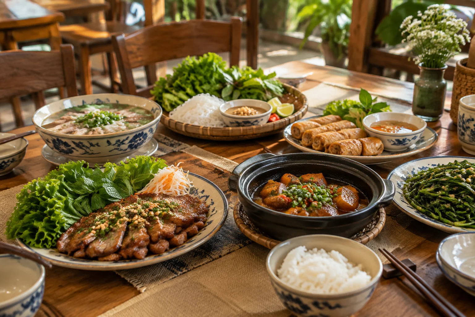 Bàn ăn nhà hàng Việt Nam được sắp đặt với nhiều món ăn đa dạng trong không gian ấm cúng, tập trung vào cách trình bày thực đơn và cảm nhận trải nghiệm dùng bữa trước khi khách thưở