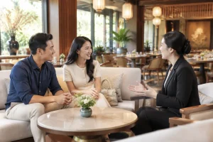 Khách hàng Việt Nam đang trao đổi ý tưởng tổ chức sự kiện với nhân viên nhà hàng trong không gian sảnh tiếp đón thoáng đãng, thể hiện sự chuẩn bị nhu cầu trước khi tư vấn.
