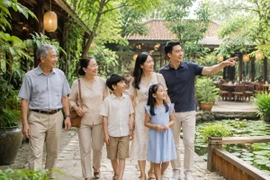 Gia đình nhiều thế hệ Việt Nam cùng nhau quan sát không gian nhà hàng ngoài trời trước buổi lễ kỷ niệm, thể hiện quá trình lựa chọn địa điểm phù hợp cho một dịp gặp mặt gia đình.