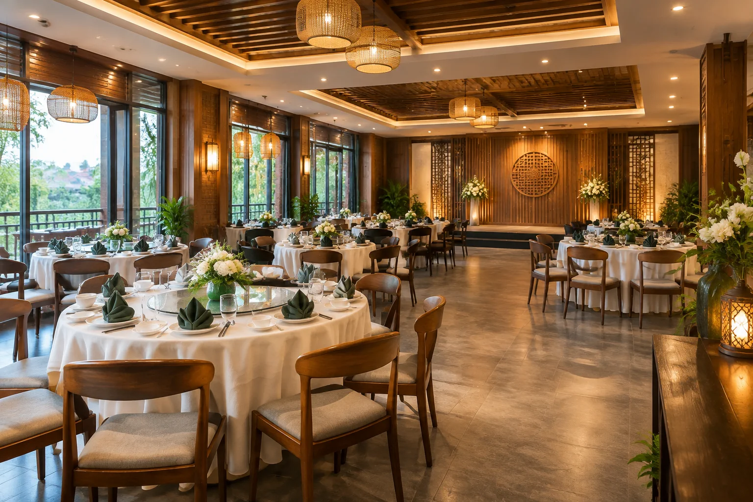 Không gian sảnh nhà hàng Việt Nam được bố trí cho một sự kiện với khu vực bàn ghế linh hoạt, lối đi thoáng và các chi tiết trang trí tinh tế, thể hiện khả năng chuẩn bị địa điểm ph