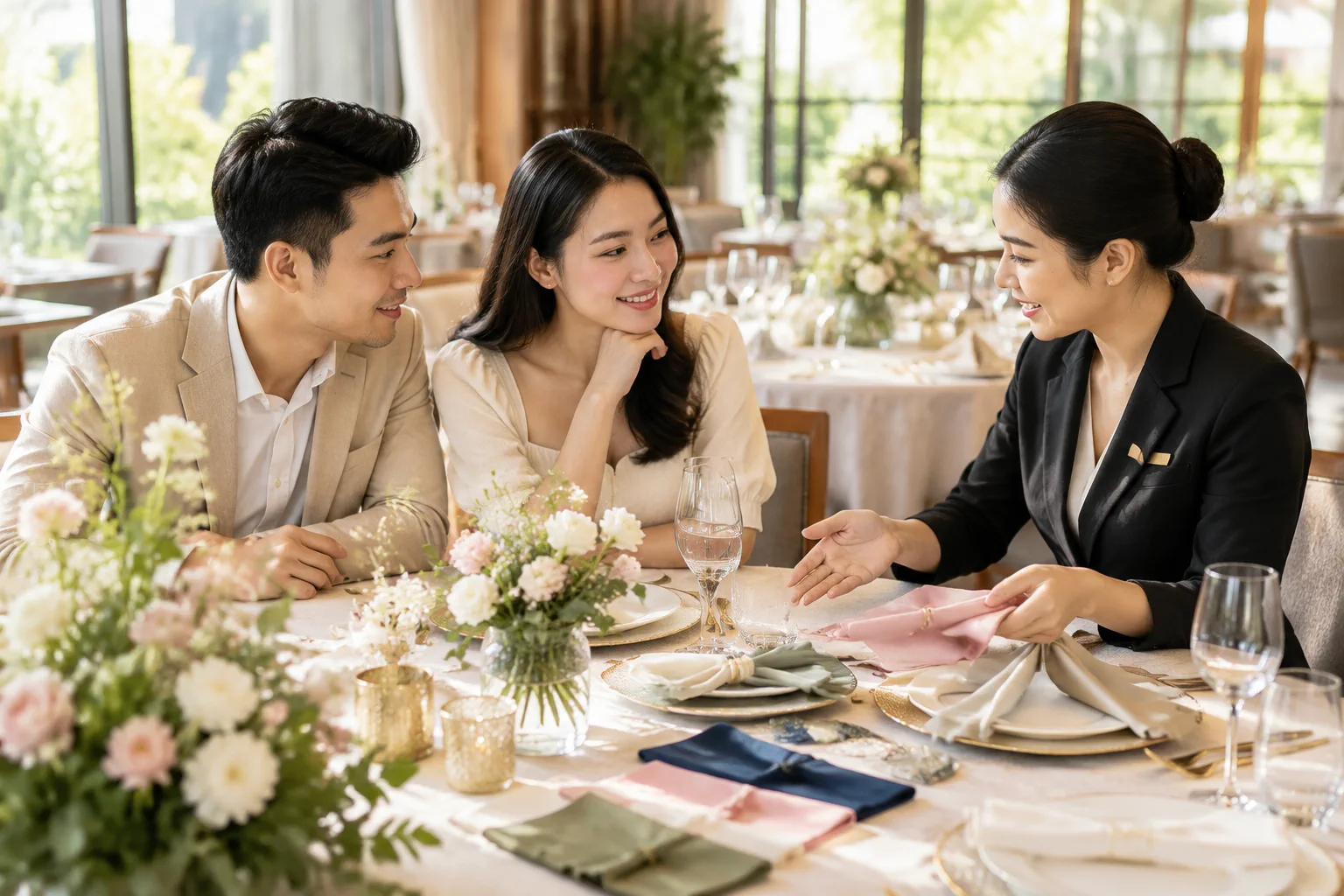 Cặp đôi trẻ đang vui vẻ trao đổi với nhân viên tư vấn nhà hàng bên cạnh các mẫu khăn trải bàn và hoa trang trí, cùng nhau lựa chọn chi tiết không gian cho ngày trọng đại.