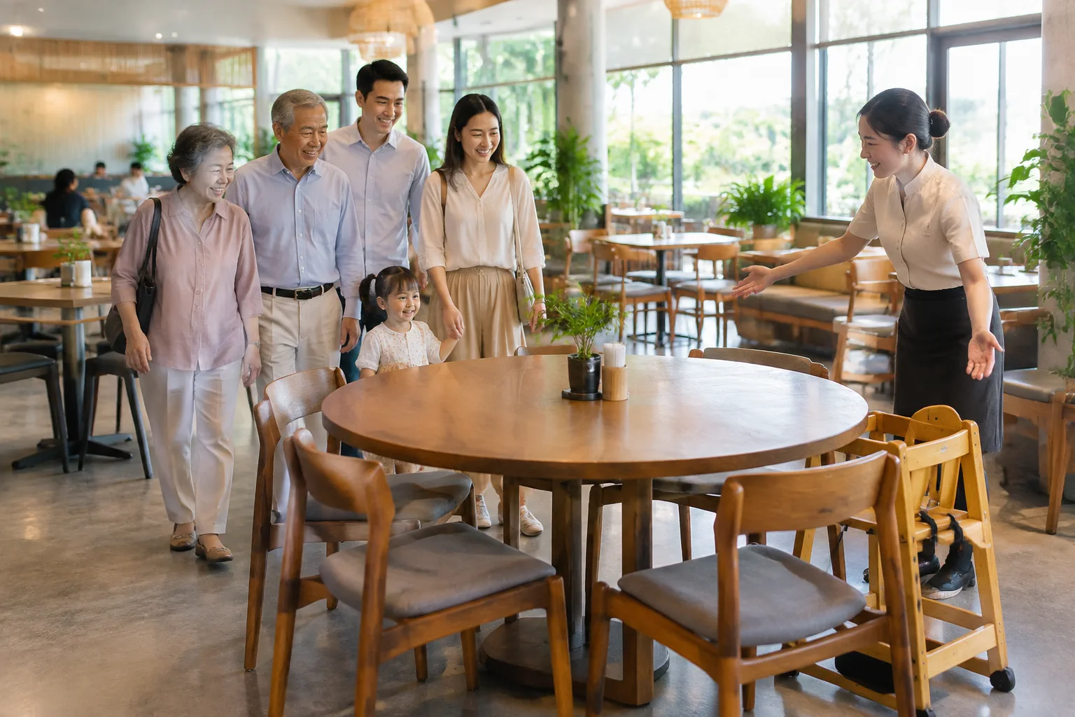 Nhân viên nhà hàng đang nhiệt tình hướng dẫn gia đình đa thế hệ gồm người lớn tuổi và trẻ nhỏ đến khu vực bàn ăn rộng rãi, thoáng đãng có bố trí sẵn ghế ăn dặm, thể hiện sự chu đáo