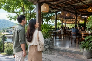Khách Việt Nam bước vào khuôn viên nhà hàng tại Gia Nghĩa và quan sát không gian ăn uống trước khi lựa chọn địa điểm, thể hiện sự kết nối giữa vị trí và trải nghiệm thực tế.